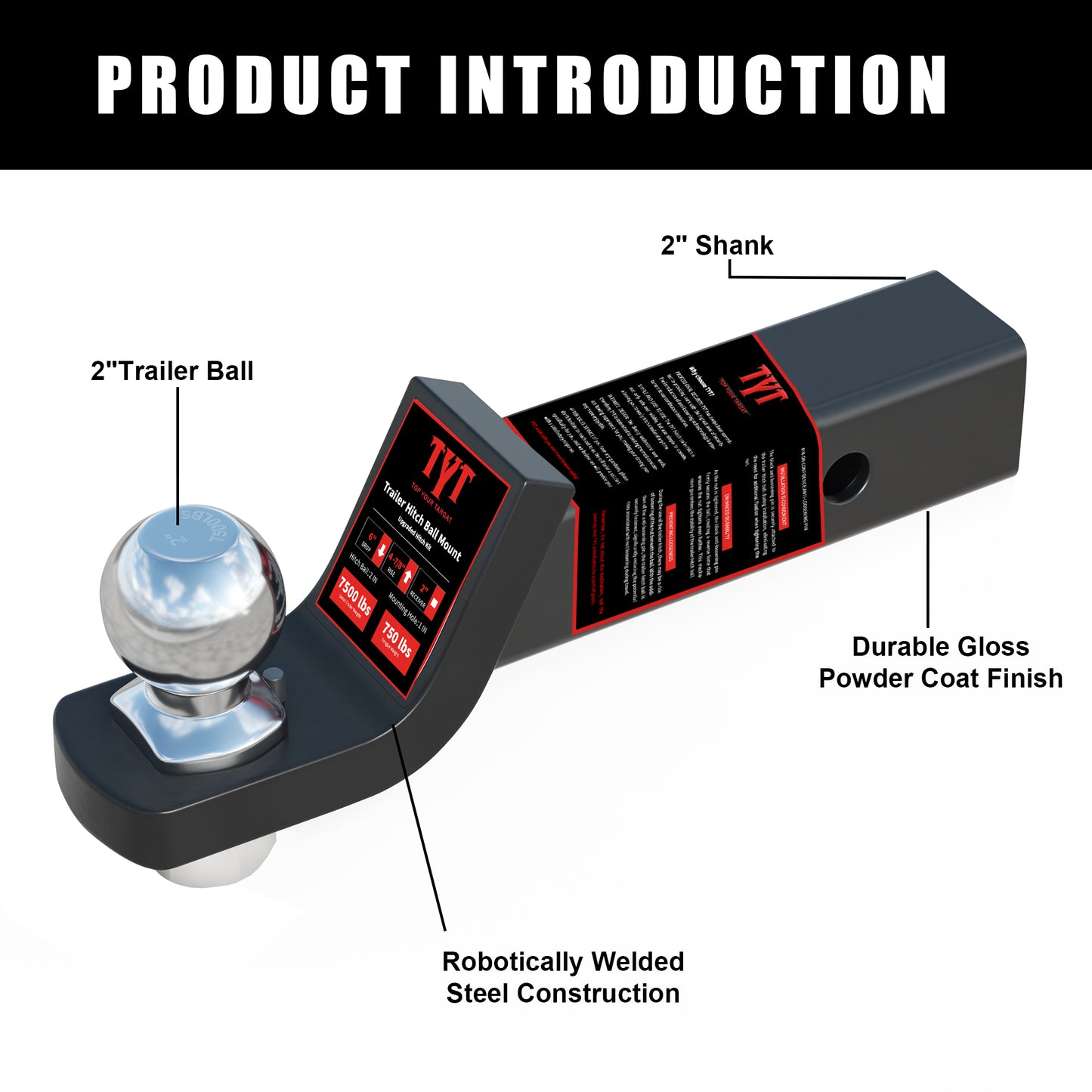TYT Trailer Hitch Ball Mount with 2 Inch Ball -2 Inch Drop Hitch