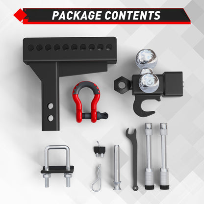 TYT Adjustable Tri-Ball Trailer Hitch for 2 inch Receiver, 4.5" Drop/Rise, Triple Balls (1-7/8", 2", 2-5/16") with Tow Hook & Shackle, 10,000 lbs GTW, 1,000 lbs TW, Pin Lock & Hitch Tightener - TYT4WD