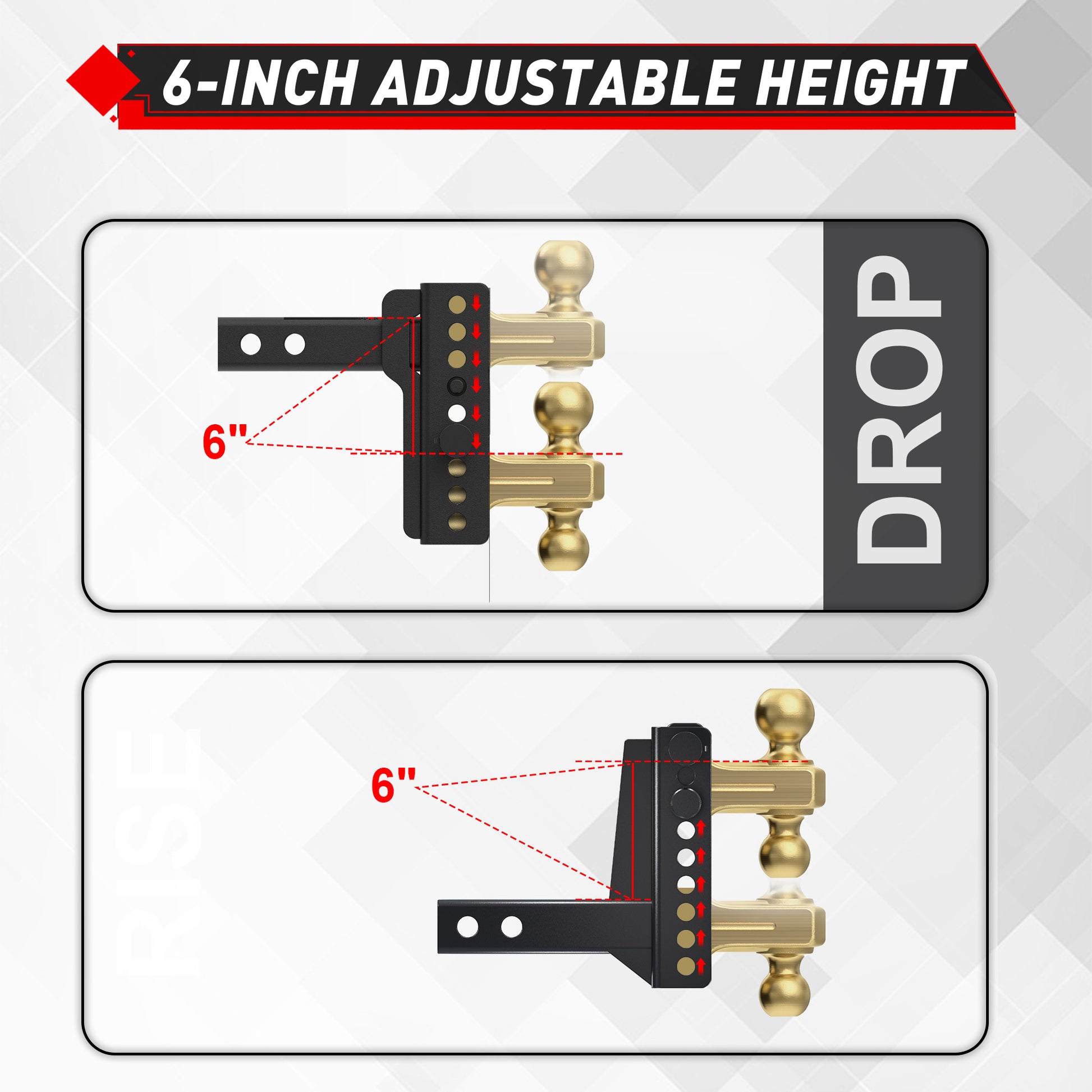 TYT Adjustable Truck Trailer Hitch for 2 inch Receiver, 6" Drop/Rise Tow Hitch with Dual Balls (2" & 2-5/16")(Gold),Includes Two Pin Locks & Hitch Tightener - TYT4WD