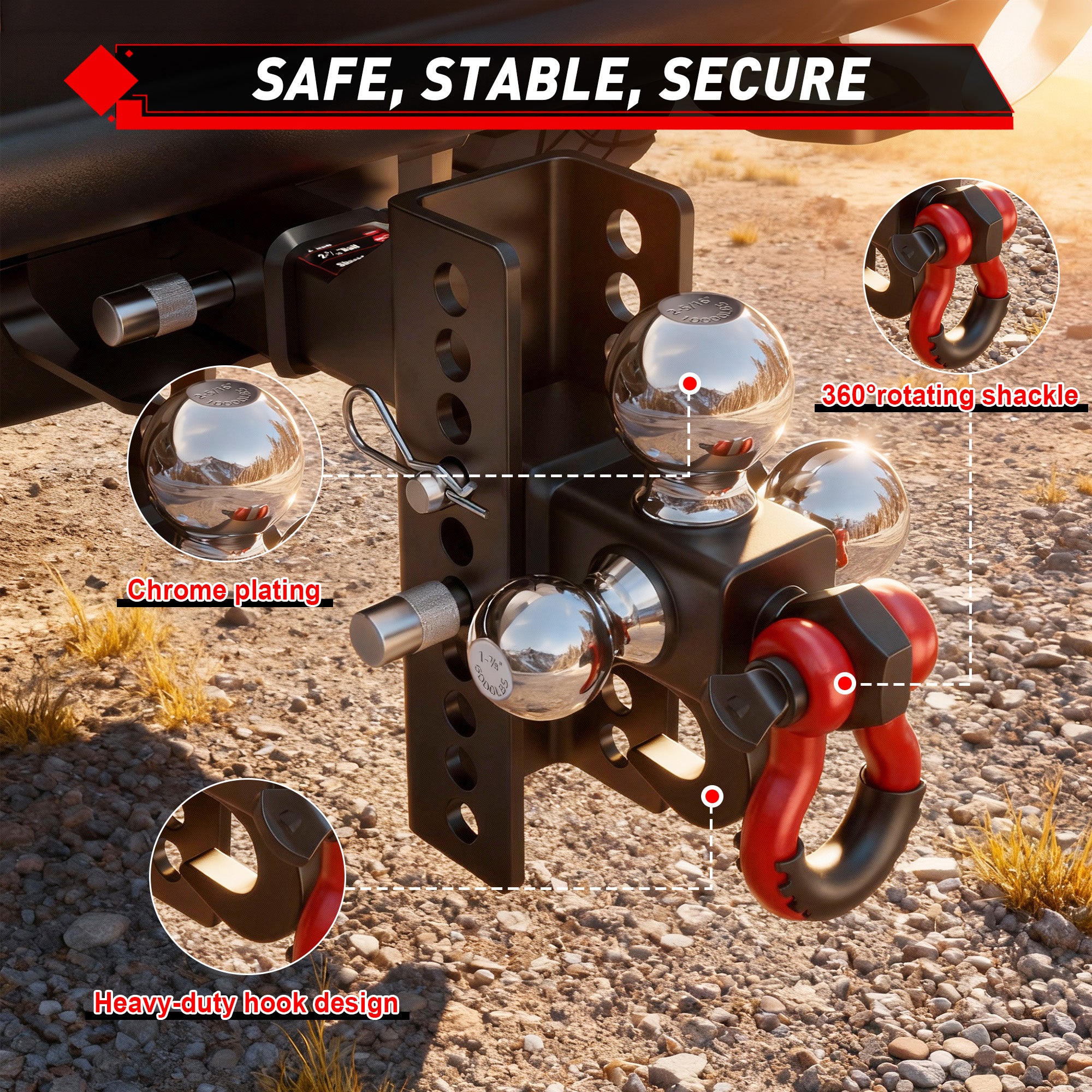 TYT Adjustable Tri-Ball Trailer Hitch for 2 inch Receiver, 4.5" Drop/Rise, Triple Balls (1-7/8", 2", 2-5/16") with Tow Hook & Shackle, 10,000 lbs GTW, 1,000 lbs TW, Pin Lock & Hitch Tightener