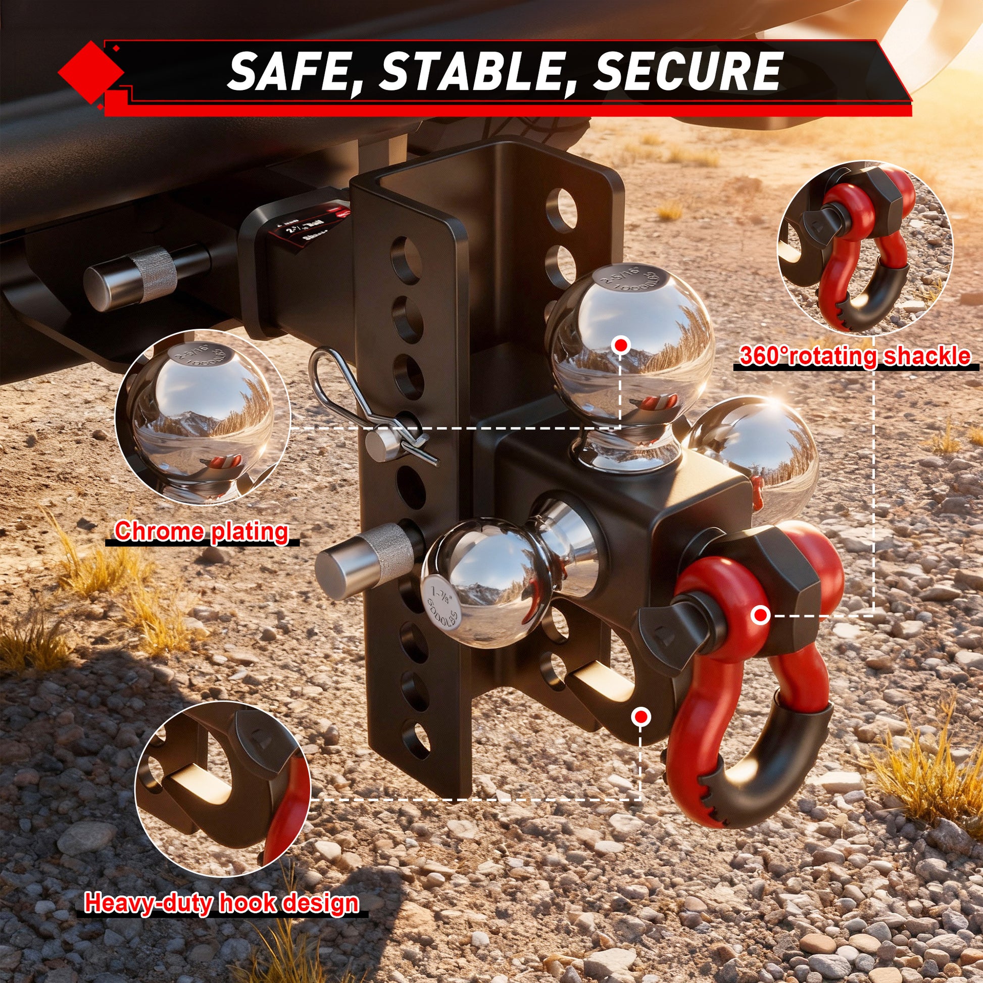 TYT Adjustable Tri-Ball Trailer Hitch for 2 inch Receiver, 4.5" Drop/Rise, Triple Balls (1-7/8", 2", 2-5/16") with Tow Hook & Shackle, 10,000 lbs GTW, 1,000 lbs TW, Pin Lock & Hitch Tightener - TYT4WD