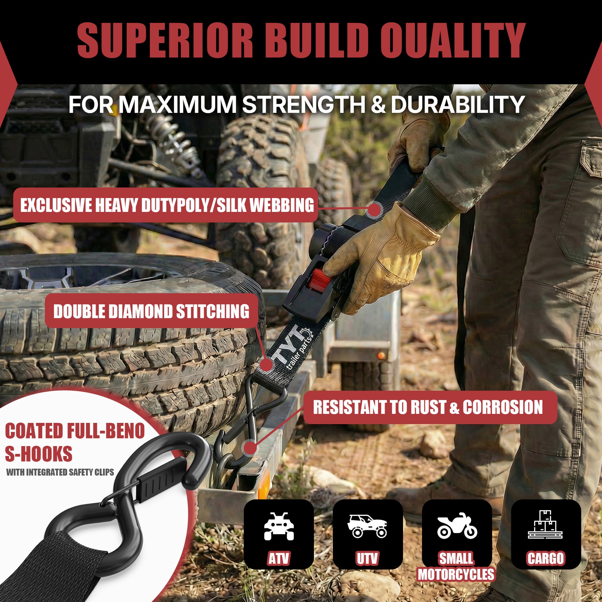 TYT 1" x 10' Retractable Ratchet Straps (4PCS) - TYT4WD