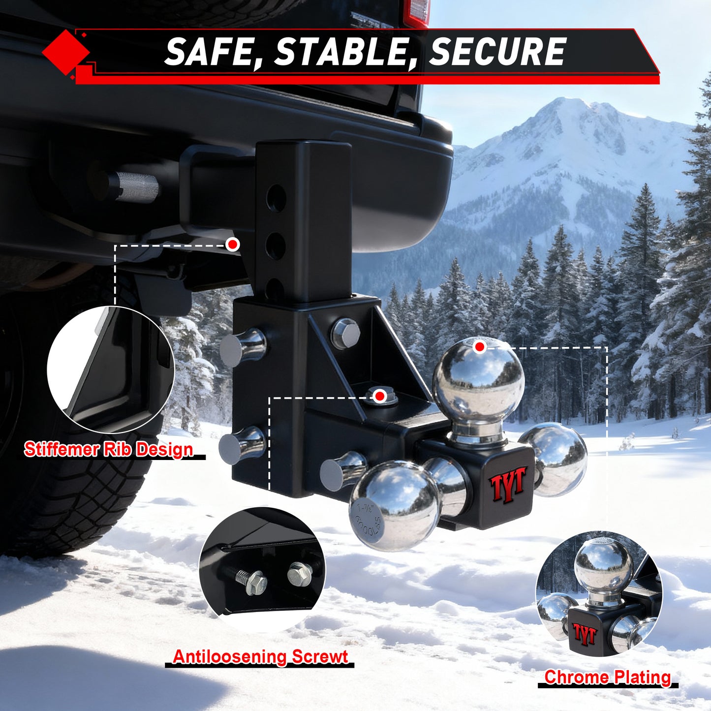 TYT Adjustable Trailer Hitch 3-in-1 Tri-Ball Mount