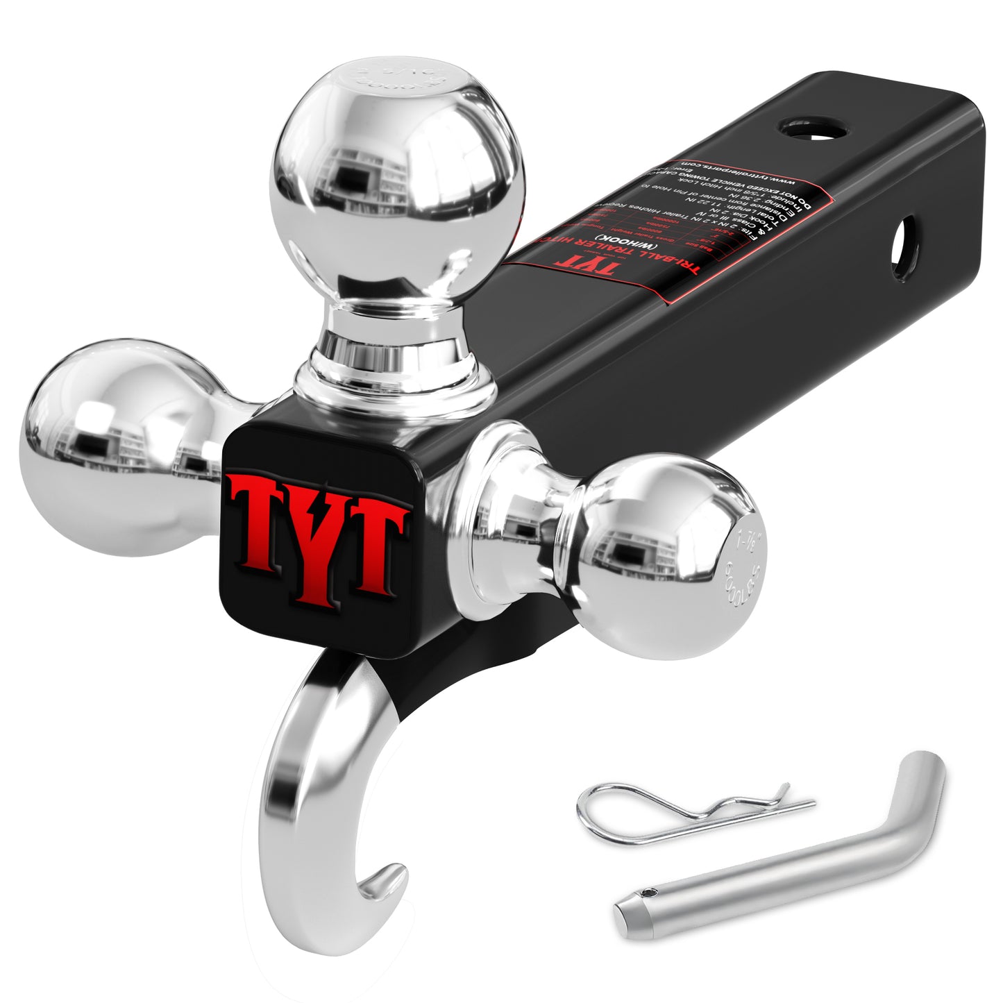 TYT Trailer Hitch Tri Ball Mount with Hook, 1-7/8",2",2-5/16" Chrome Hitch Balls with Advanced 5/8" Pin, Fits 2" Receiver, Forged Solid Steel (Hollow Shank,Black)