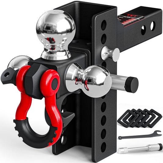 TYT Adjustable Trailer Hitch Tri Ball Mount with Swivel Shackle and Tow Hook, Fits 2 inch Receiver, 1-7/8" & 2" &2-5/16" Ball