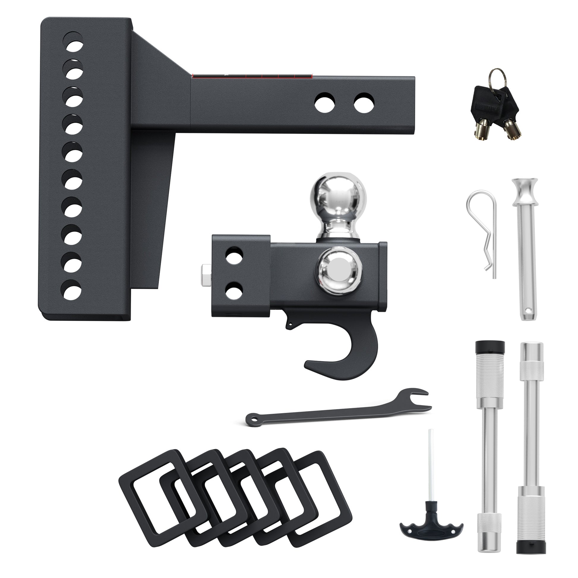 TYT Tri-Ball Mount Adjustable Trailer Hitch with Tow Hook, Fits 2-Inch Receiver, 4.5-Inch Rise/Drop, 1-7/8", 2", & 2-5/16" Balls - TYT4WD