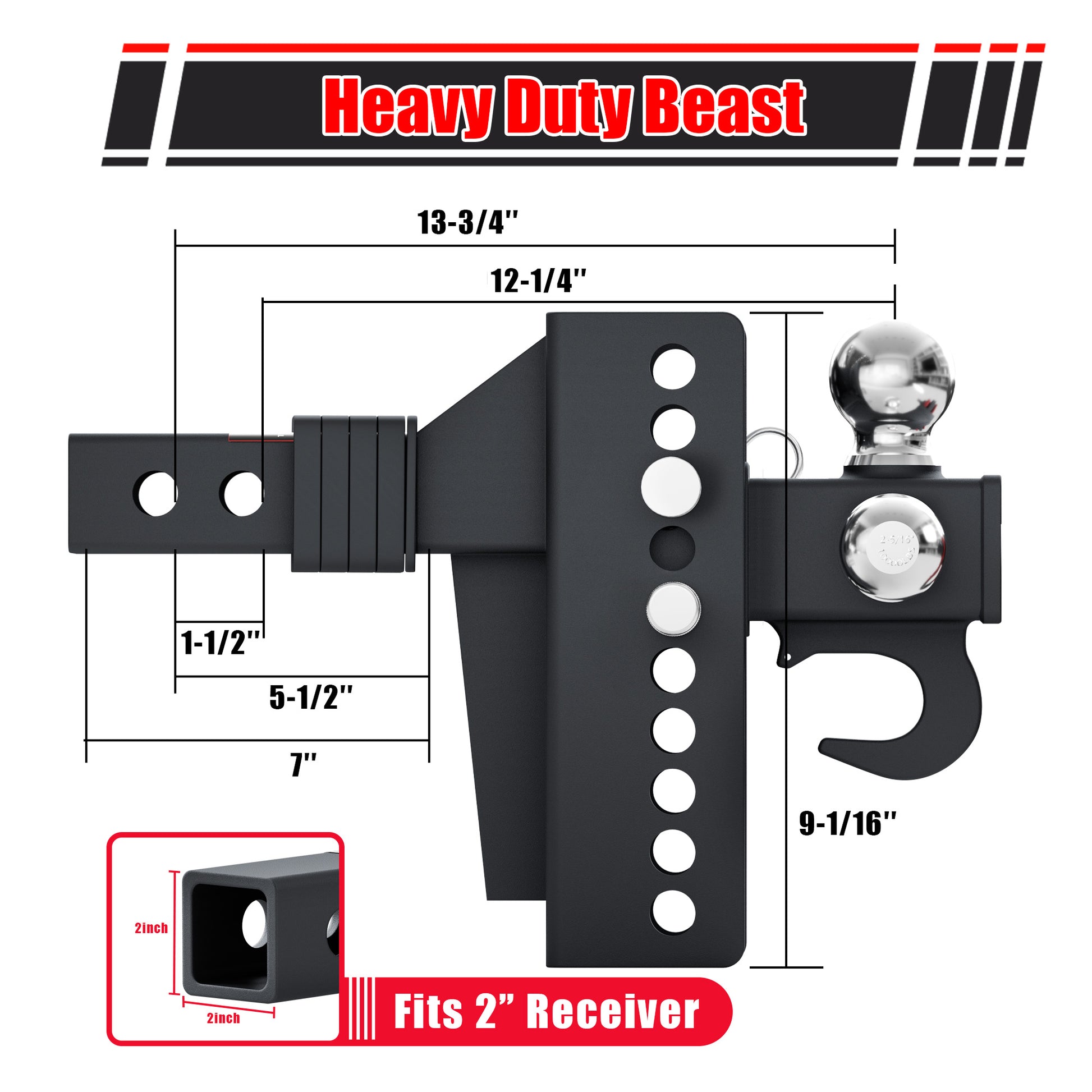 TYT Tri-Ball Mount Adjustable Trailer Hitch with Tow Hook, Fits 2-Inch Receiver, 4.5-Inch Rise/Drop, 1-7/8", 2", & 2-5/16" Balls - TYT4WD
