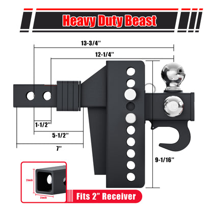 TYT Tri-Ball Mount Adjustable Trailer Hitch with Tow Hook, Fits 2-Inch Receiver, 4.5-Inch Rise/Drop, 1-7/8", 2", & 2-5/16" Balls - TYT4WD