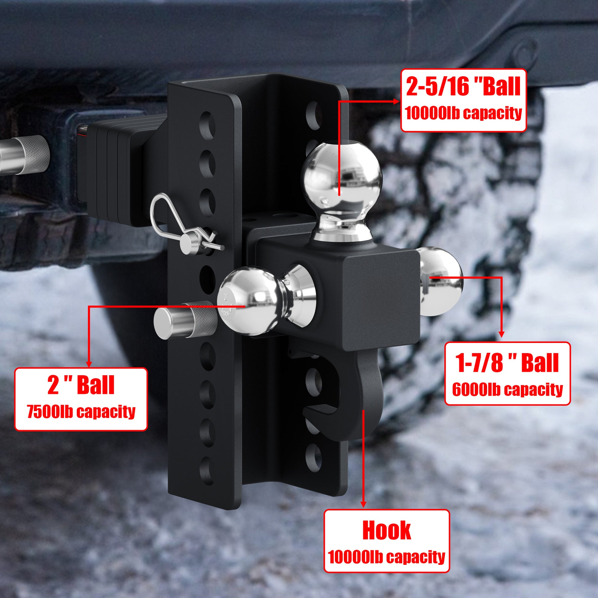 TYT Tri-Ball Mount Adjustable Trailer Hitch with Tow Hook, Fits 2-Inch Receiver, 4.5-Inch Rise/Drop, 1-7/8", 2", & 2-5/16" Balls - TYT4WD