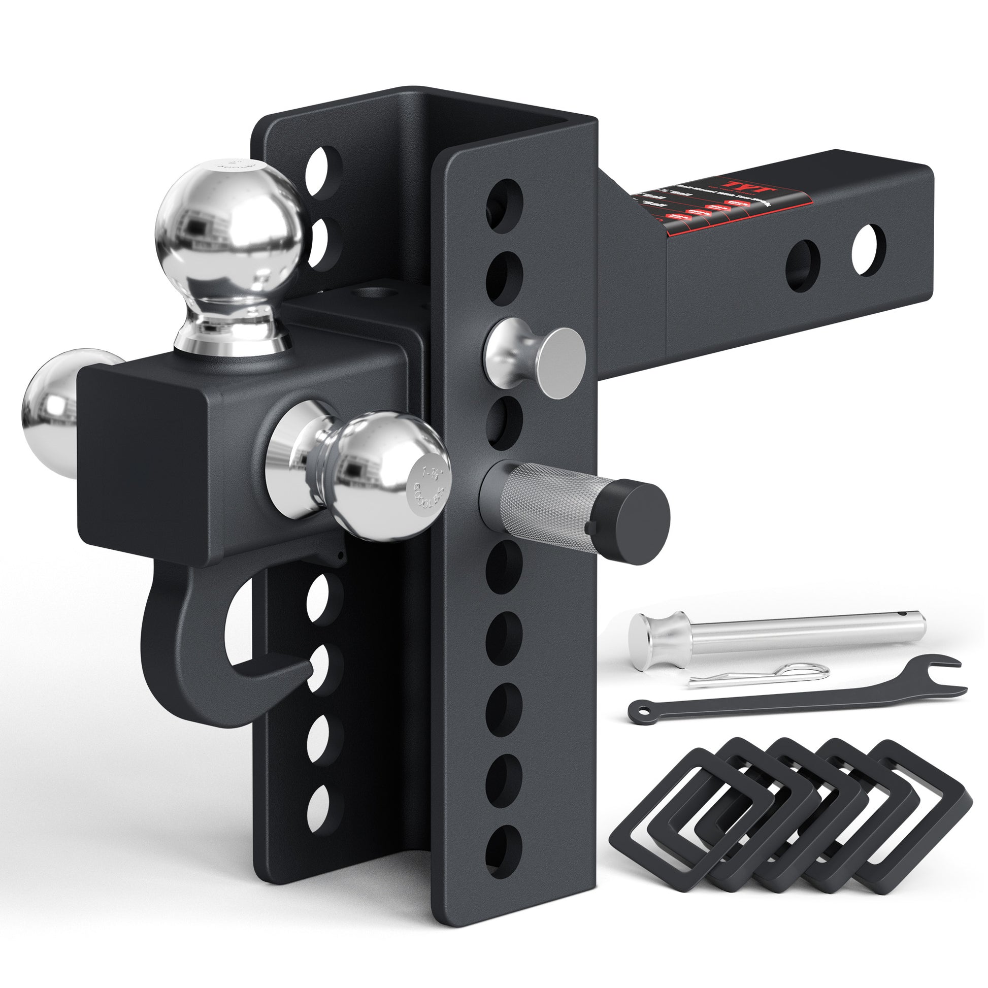 TYT Tri-Ball Mount Adjustable Trailer Hitch with Tow Hook, Fits 2-Inch Receiver, 4.5-Inch Rise/Drop, 1-7/8", 2", & 2-5/16" Balls - TYT4WD