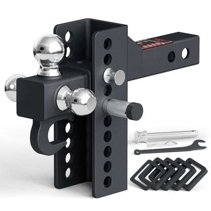 TYT Tri-Ball Mount Adjustable Trailer Hitch with Tow Hook, Fits 2-Inch Receiver, 4.5-Inch Rise/Drop, 1-7/8", 2", & 2-5/16" Balls - TYT4WD