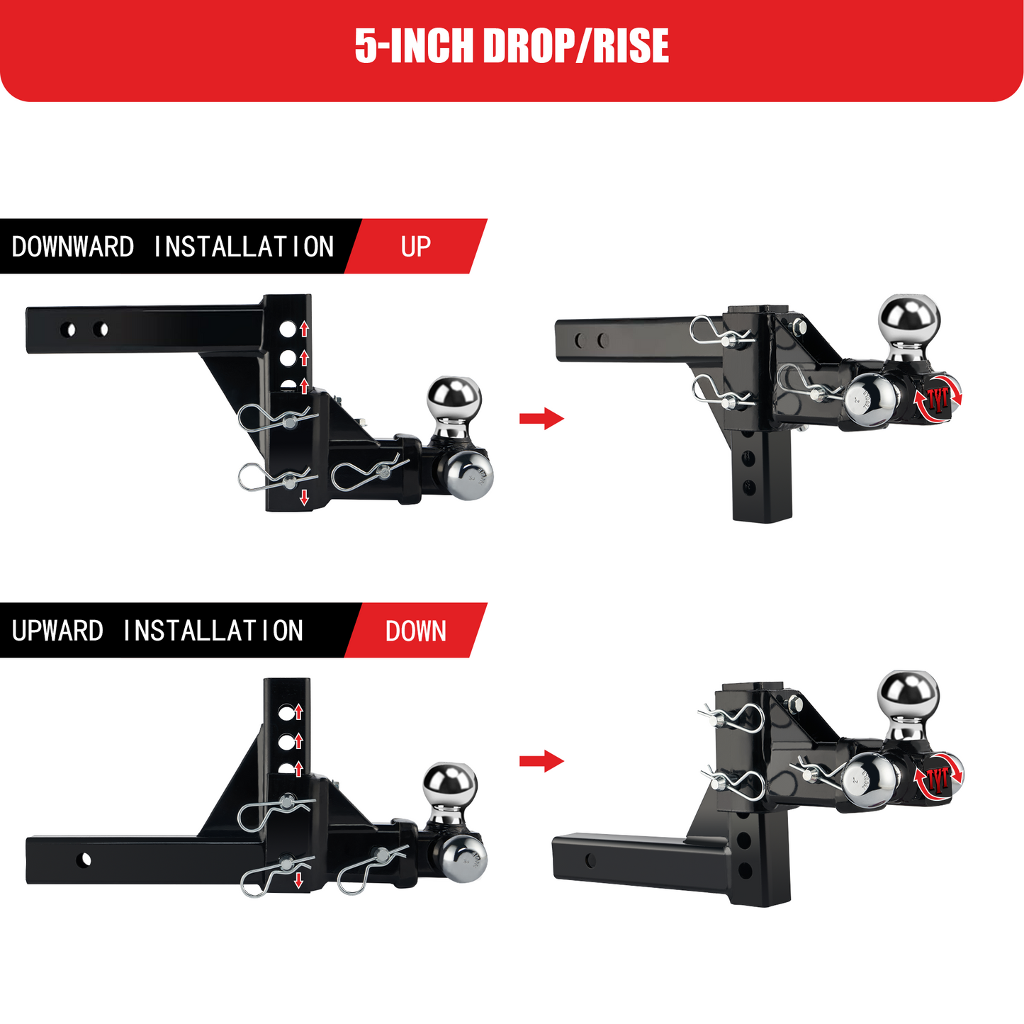 TYT Adjustable Trailer Hitch Towing Ball Mount, Tri-Ball (1-7/8" X 2" X 2-5/16"), Fits 2" Receiver, 5" Rise/Drop Hitch, 10,000 LBS GTW, Tow Hitch for Heavy Duty Truck, Solid Ball Mount - TYT4WD