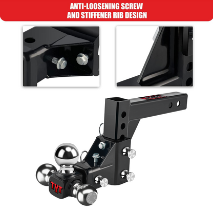 TYT Adjustable Trailer Hitch Towing Ball Mount, Tri-Ball (1-7/8" X 2" X 2-5/16"), Fits 2" Receiver, 5" Rise/Drop Hitch, 10,000 LBS GTW, Tow Hitch for Heavy Duty Truck, Solid Ball Mount - TYT4WD
