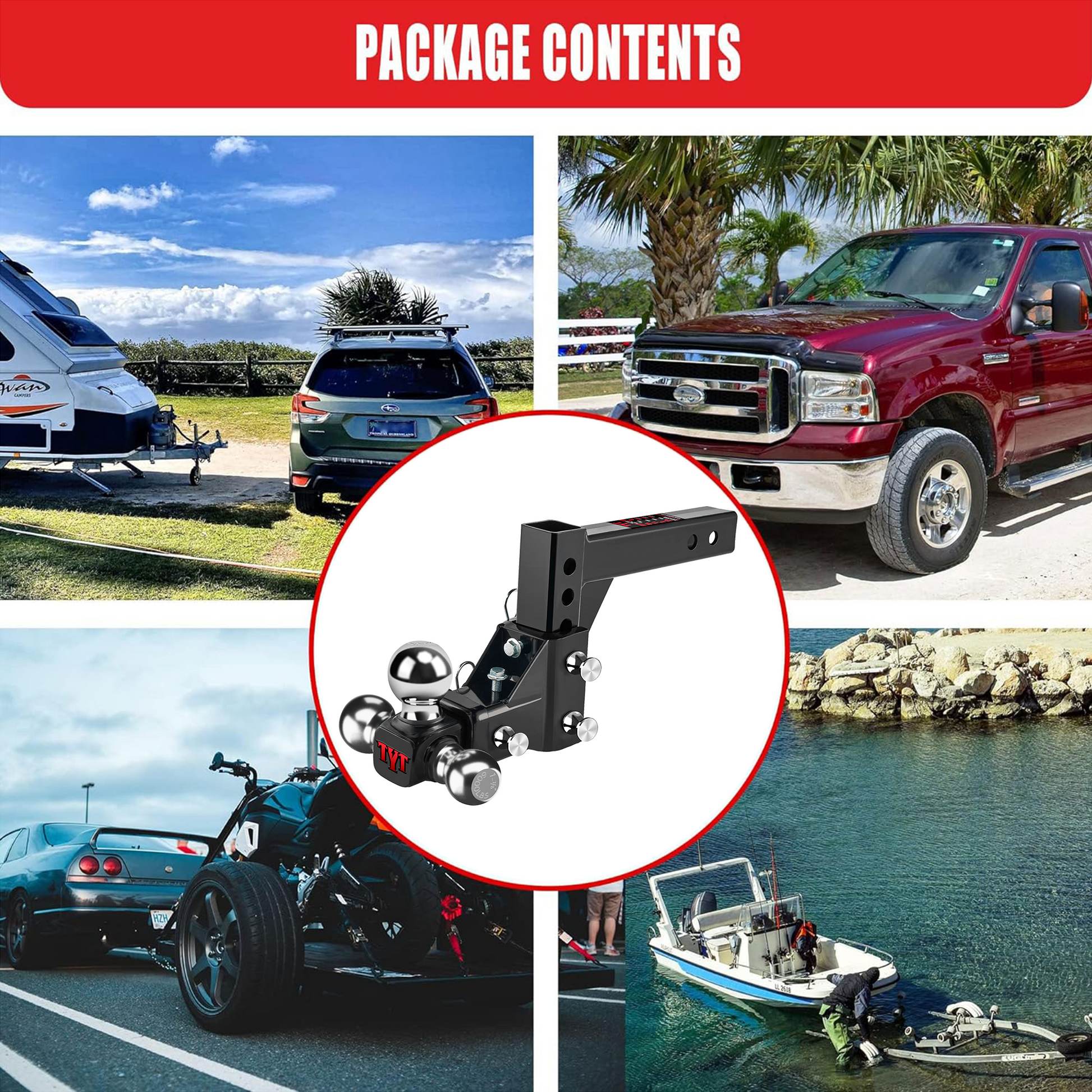 TYT Adjustable Trailer Hitch Towing Ball Mount, Tri-Ball (1-7/8" X 2" X 2-5/16"), Fits 2" Receiver, 5" Rise/Drop Hitch, 10,000 LBS GTW, Tow Hitch for Heavy Duty Truck, Solid Ball Mount - TYT4WD