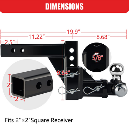 TYT Adjustable Trailer Hitch Towing Ball Mount, Tri-Ball (1-7/8" X 2" X 2-5/16"), Fits 2" Receiver, 5" Rise/Drop Hitch, 10,000 LBS GTW, Tow Hitch for Heavy Duty Truck, Solid Ball Mount - TYT4WD