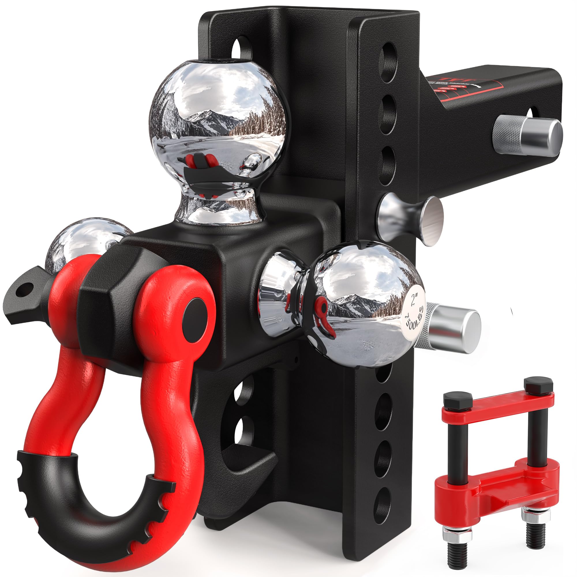 TYT Adjustable Tri-Ball Trailer Hitch for 2 inch Receiver, 4.5" Drop/Rise, Triple Balls (1-7/8", 2", 2-5/16") with Tow Hook & Shackle, 10,000 lbs GTW, 1,000 lbs TW, Pin Lock & Hitch Tightener
