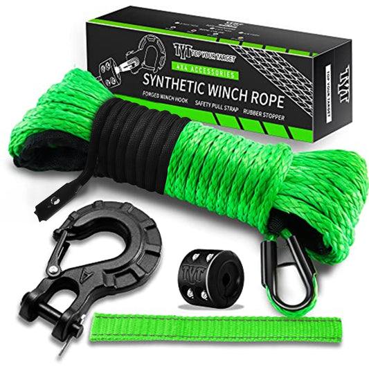 TYT Synthetic Winch Rope Kit - 1/4'' x 50' with 10000 lbs Strength, Protective Sleeve, Heavy Duty Hook, Rubber Stopper, & Safety Pull Strap for Off-Road 4x4 Vehicles (Green) (JPS1450OG) - TYT4WD