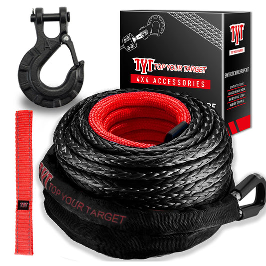 TYT Synthetic Winch Rope Kit - 1/2" x 92' with 32000 lbs Strength, Protective Sleeve, Heavy Duty Hook and Safety Pull Strap for Off-Road 4x4 Vehicles, Trucks (Black) - TYT4WD