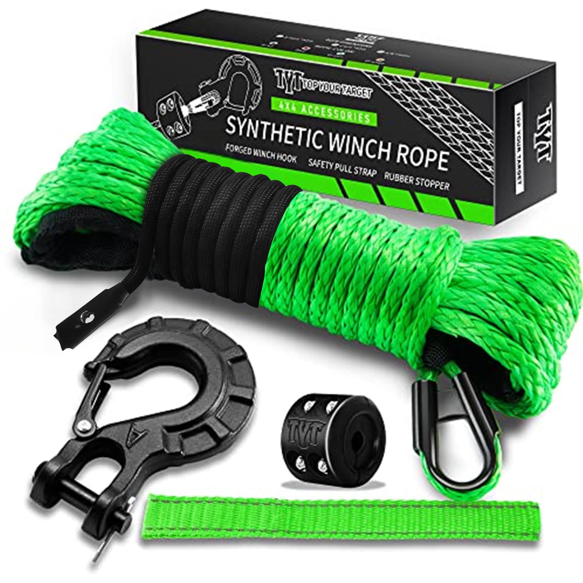 TYT Off-Road Winch Rope Kit - 3/16''x50', 8500 Lbs Green Synthetic Cable with Protective Sheath, Heavy-Duty Hook, Safety Pull Strap & Rubber Stopper Ideal for 4WD ATV UTV Vehicles, (JPS31650G) - TYT4WD