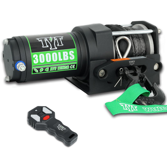 TYT 3000 lb ATV Winch, 12V DC Electric Winch with Wireless Remote and Wired Switch, 1/5"x 32FT Synthetic Winch Rope with Fairlead and Winch Mounting Plate - TYT4WD