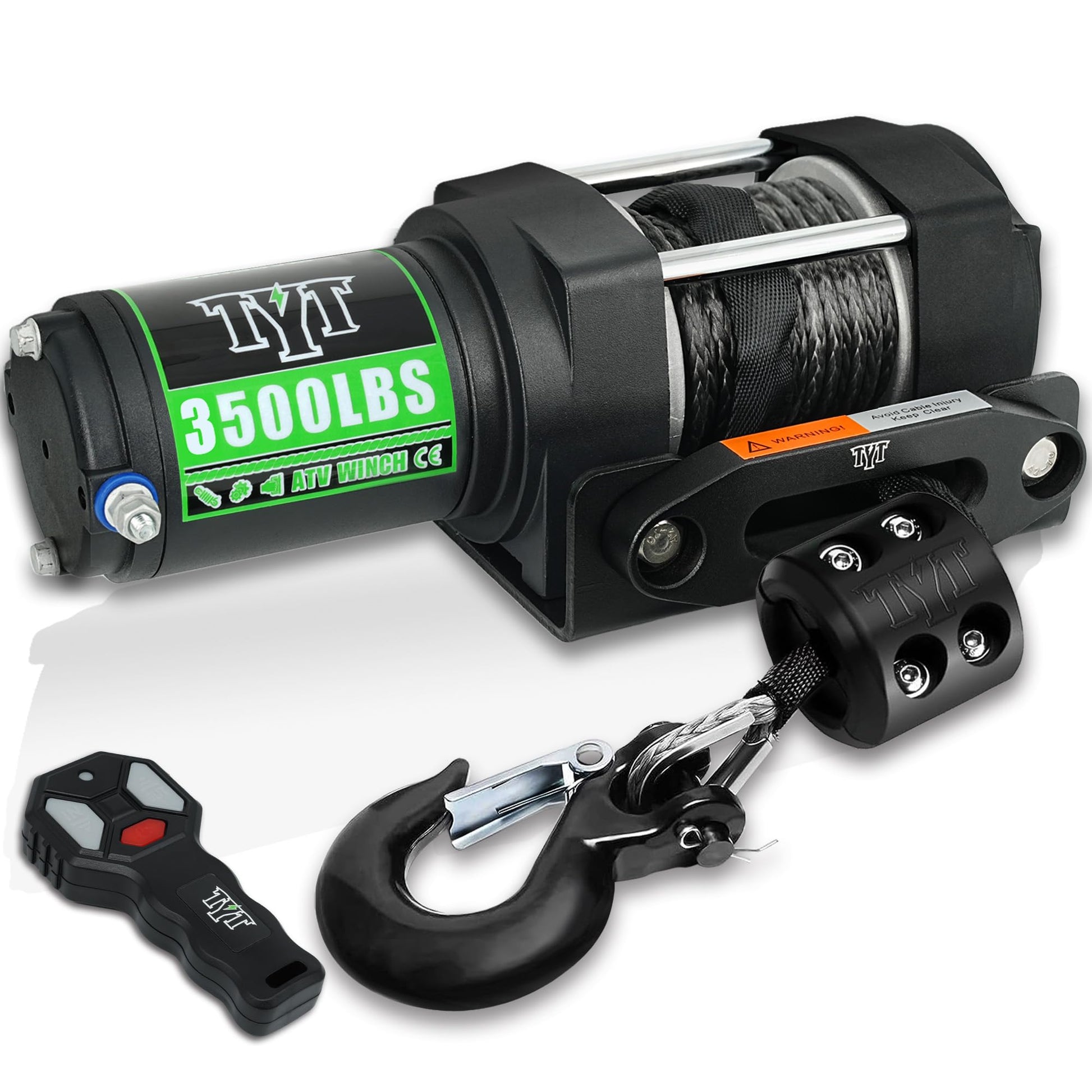 TYT 3500 lb ATV Winch with 7/32"x 30FT Synthetic Rope, 12V DC Electric Winch with Wireless Remote - TYT4WD