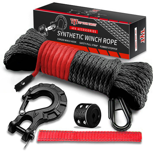 TYT Off-Road Winch Rope Kit - 1/4''x50', 10000 Lbs Black Synthetic Cable with Protective Sheath, Heavy-Duty Hook, Safety Pull Strap & Rubber Stopper Ideal for 4WD ATV UTV Vehicles, Grey, (JPS1450IG) - TYT4WD