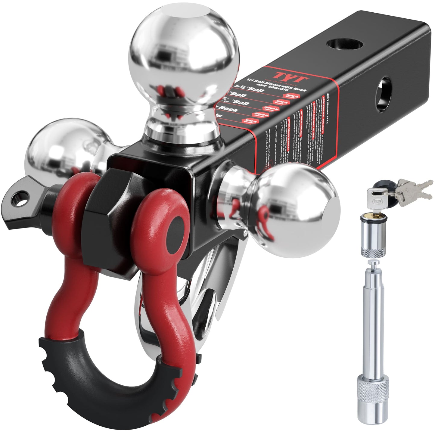 TYT Tri Ball Hitch Trailer Mount with Locks,Tow Hook & Clevis Shackle, Fits 2 inch Hitch Receiver with 2-5/16",2",1-7/8" Hitch Ball, Black - TYT4WD