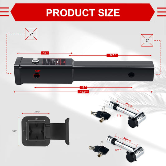 TYT 12" Trailer Hitch Extension for 2" Receiver Tube Extender, Tube Extension Receiver with 2 Sets of 5/8" Premium Hitch Pin Lock, 4000 lbs GTW / 400 lbs TW - TYT4WD