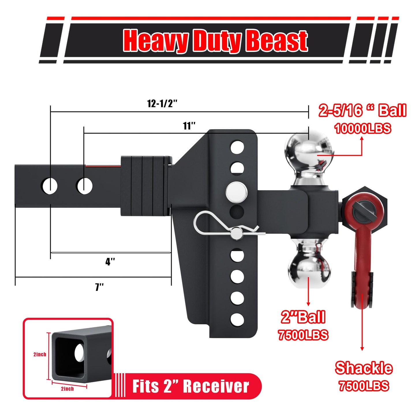 TYT Adjustable Trailer Hitch Ball Mount with Lock&Pin&Rotatable Tow Shackle, Fits 2-in Receiver, 5" Rise/Drop, 2-in, 2-5/16-in Hitch Ball, 10000LBS GTW, Ultra Quiet