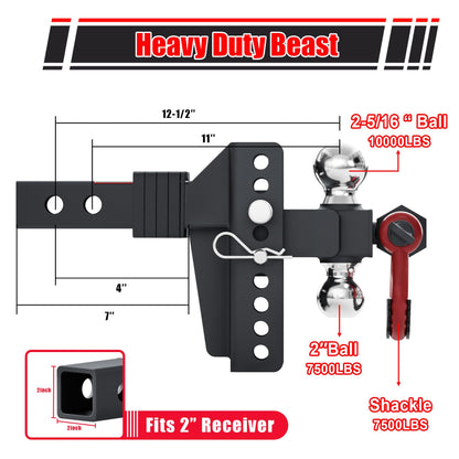 TYT Adjustable Trailer Hitch Ball Mount with Lock&Pin&Rotatable Tow Shackle, Fits 2-in Receiver, 5" Rise/Drop, 2-in, 2-5/16-in Hitch Ball, 10000LBS GTW, Ultra Quiet