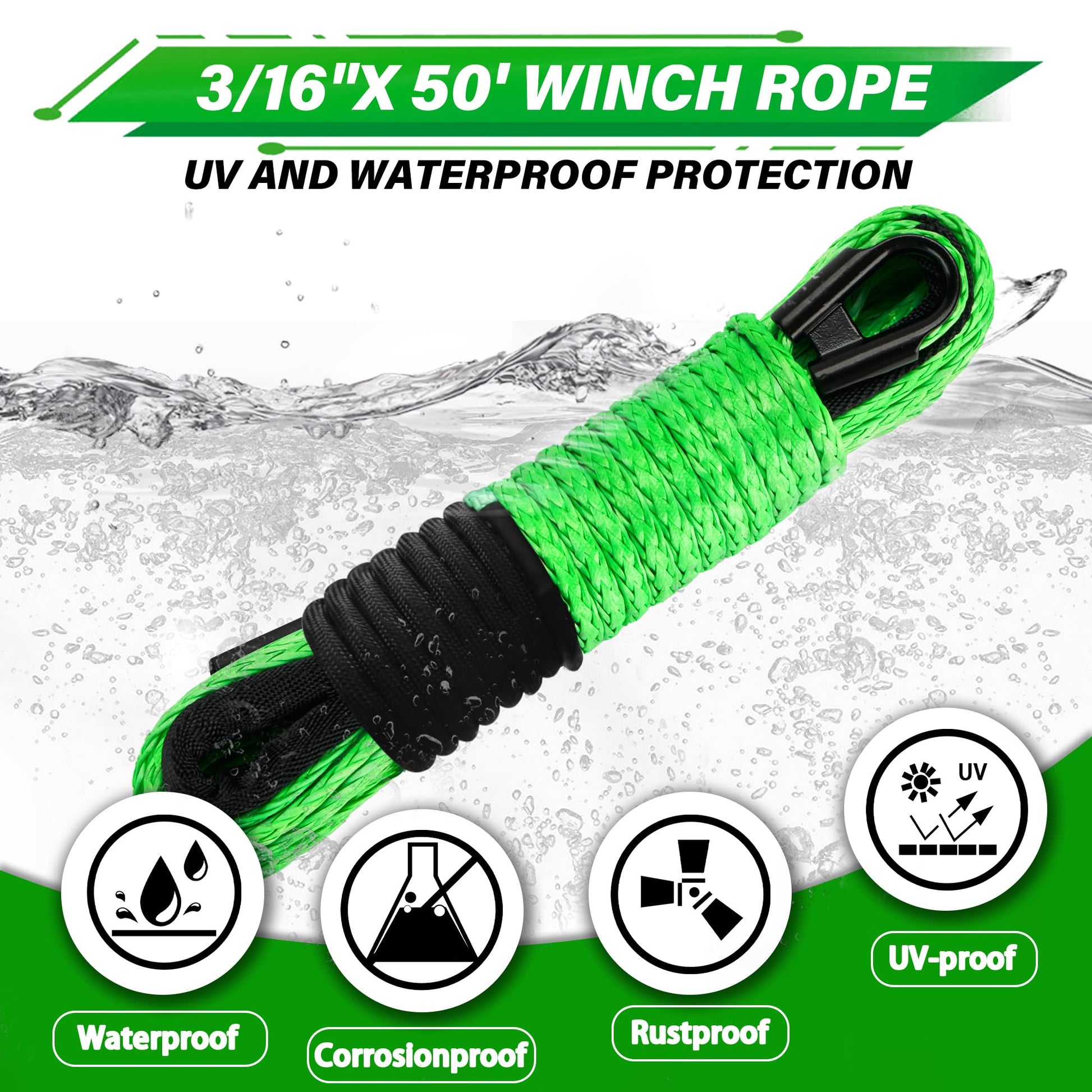 TYT Off-Road Winch Rope Kit - 3/16''x50', 8500 Lbs Green Synthetic Cable with Protective Sheath, Heavy-Duty Hook, Safety Pull Strap & Rubber Stopper Ideal for 4WD ATV UTV Vehicles, (JPS31650G) - TYT4WD