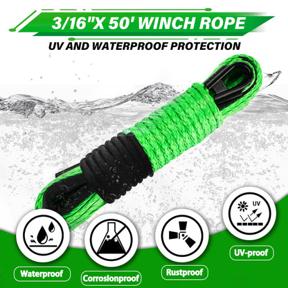 TYT Off-Road Winch Rope Kit - 3/16''x50', 8500 Lbs Green Synthetic Cable with Protective Sheath, Heavy-Duty Hook, Safety Pull Strap & Rubber Stopper Ideal for 4WD ATV UTV Vehicles, (JPS31650G) - TYT4WD