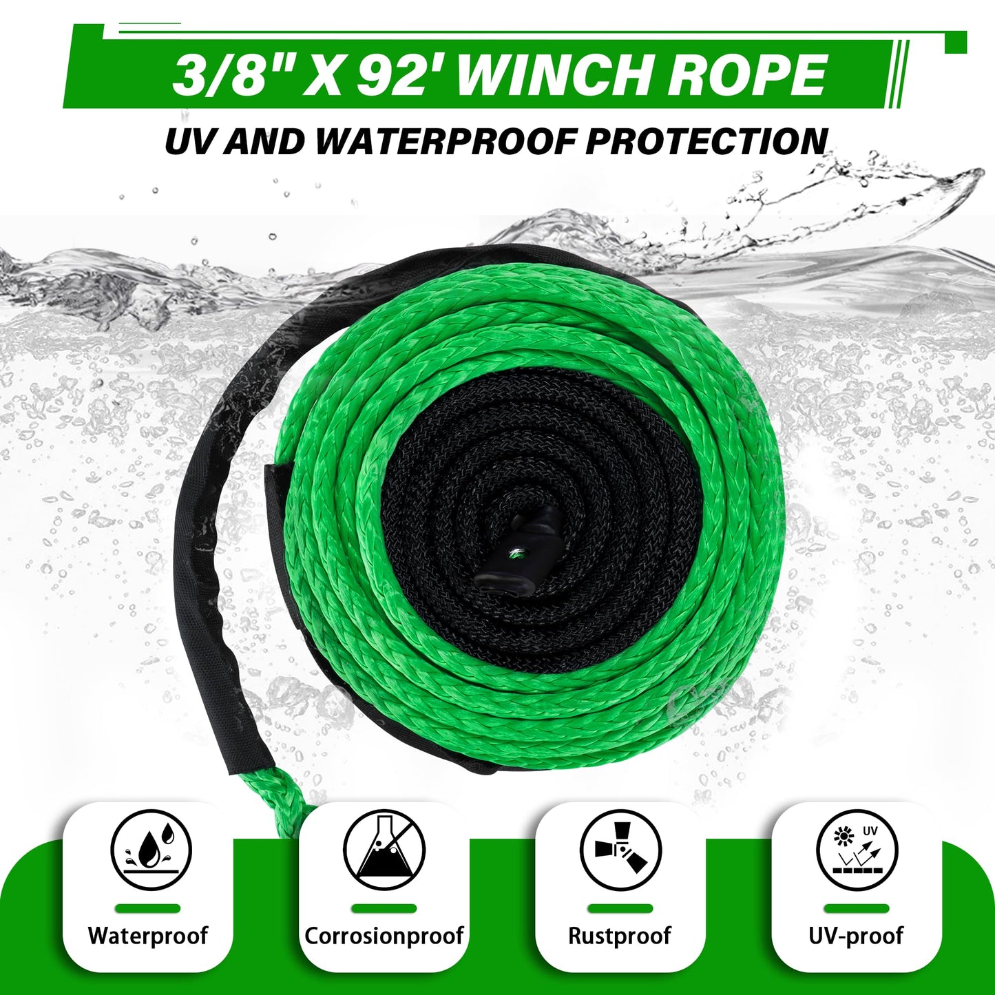 TYT Synthetic Winch Rope 3/8" X 92' with Hook, 27000LBS Synthentic Winch Cable Kit with Protective Sleeve for 4WD Off Road Vehicle Truck SUV Jeep (Green) - TYT4WD