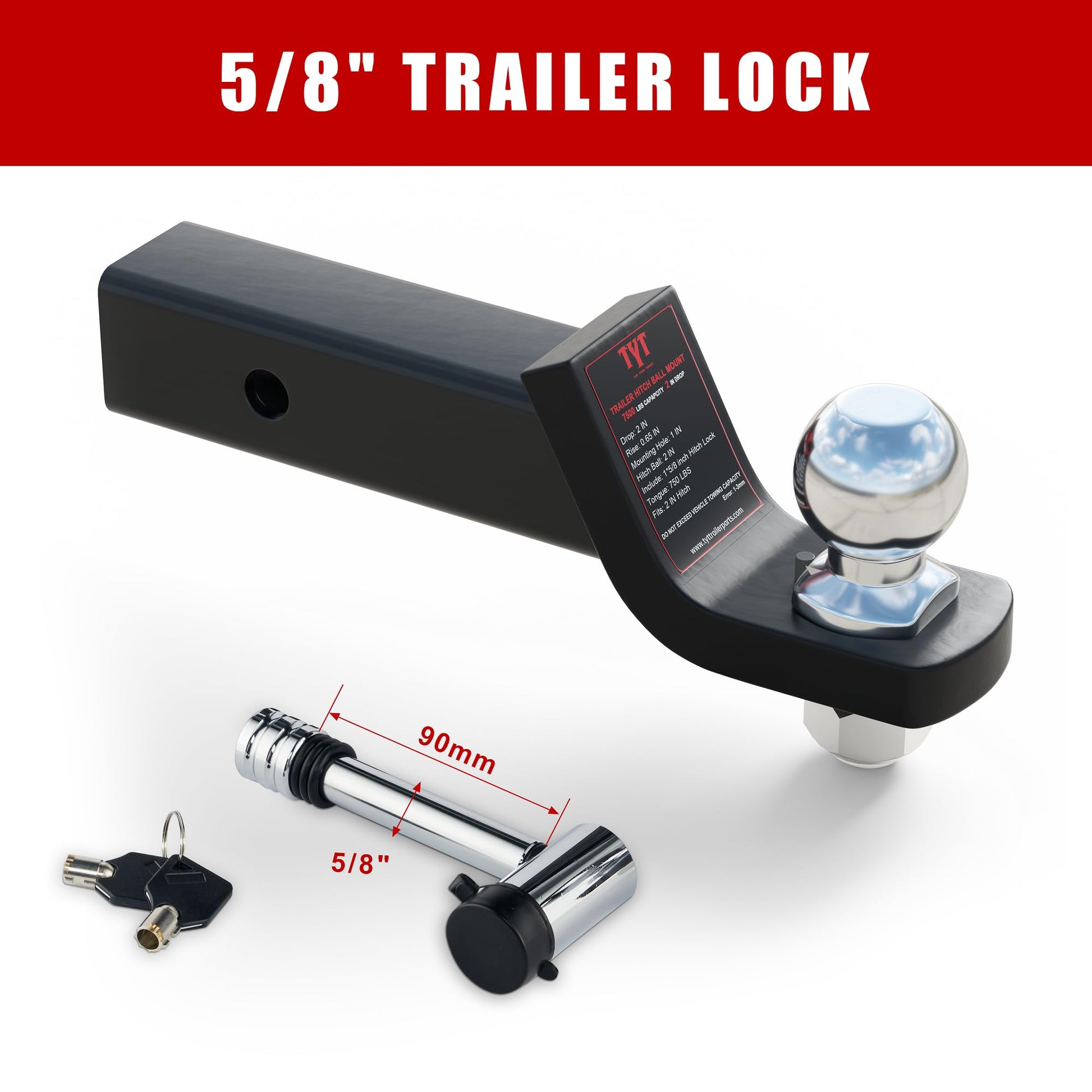 TYT Trailer Hitch Mount with 2" Ball,6000 lbs,2" Drop,Free Advanced Hitch Lock, Forged Solid Steel Towing,Fits 2" Receiver, 2" Chrome Ball Head - TYT4WD