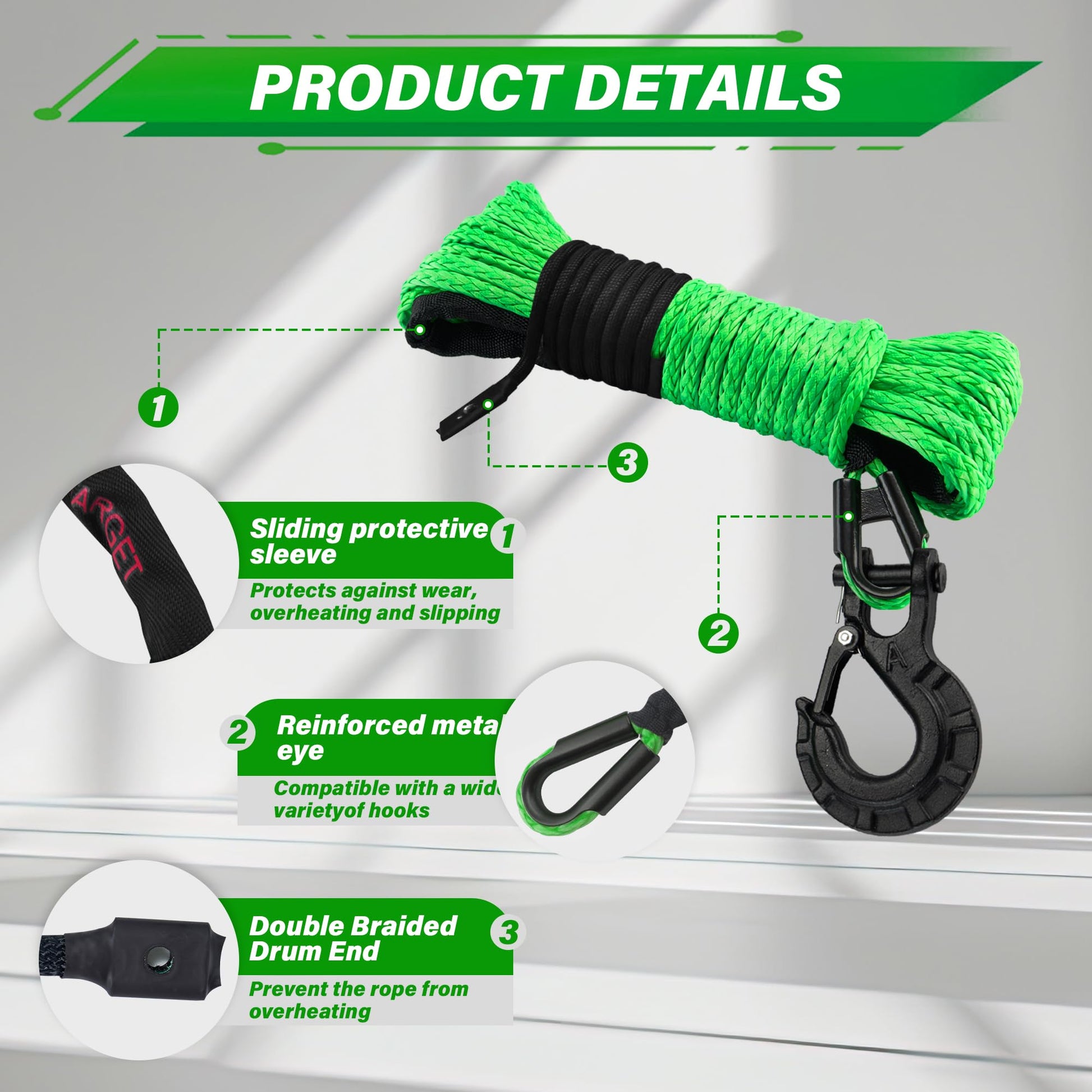 TYT Off-Road Winch Rope Kit - 3/16''x50', 8500 Lbs Green Synthetic Cable with Protective Sheath, Heavy-Duty Hook, Safety Pull Strap & Rubber Stopper Ideal for 4WD ATV UTV Vehicles, (JPS31650G) - TYT4WD