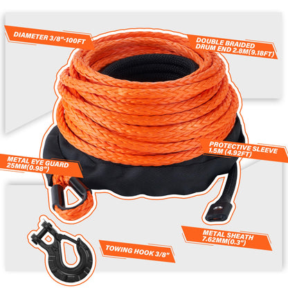 TYT Synthetic Winch Rope 3/8" X 92' with Hook, 27000LBS Synthentic Winch Cable Kit with Protective Sleeve for 4WD Off Road Vehicle Truck SUV Jeep (Orange) - TYT4WD