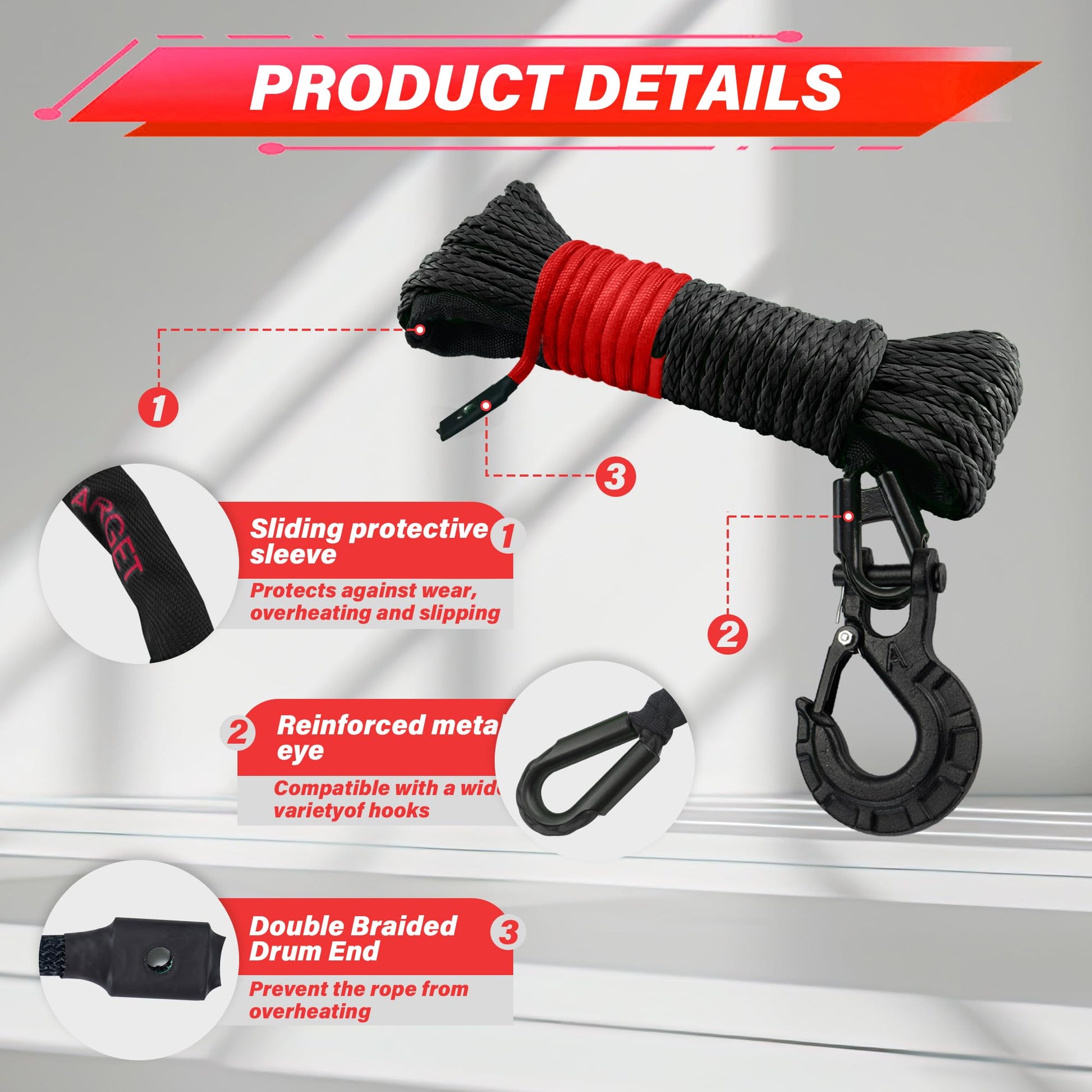 TYT Off-Road Winch Rope Kit - 1/4''x50', 10000 Lbs Black Synthetic Cable with Protective Sheath, Heavy-Duty Hook, Safety Pull Strap & Rubber Stopper Ideal for 4WD ATV UTV Vehicles, Grey, (JPS1450IG) - TYT4WD