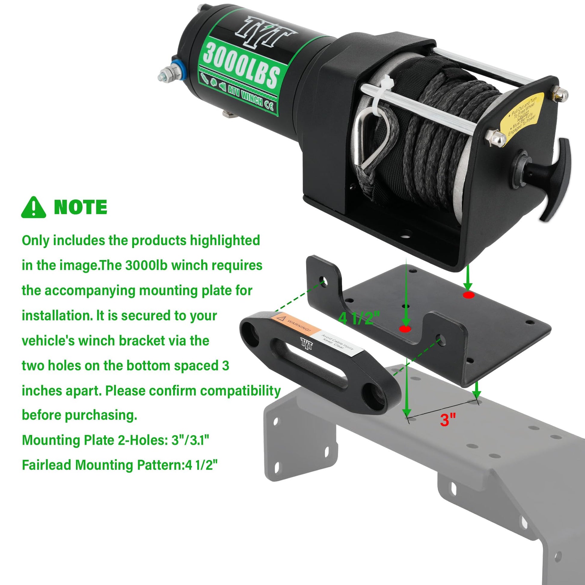 TYT 3000 lb ATV Winch, 12V DC Electric Winch with Wireless Remote and Wired Switch, 1/5"x 32FT Synthetic Winch Rope with Fairlead and Winch Mounting Plate - TYT4WD