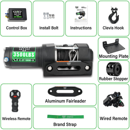 TYT 3500 lb ATV Winch with 7/32"x 30FT Synthetic Rope, 12V DC Electric Winch with Wireless Remote - TYT4WD