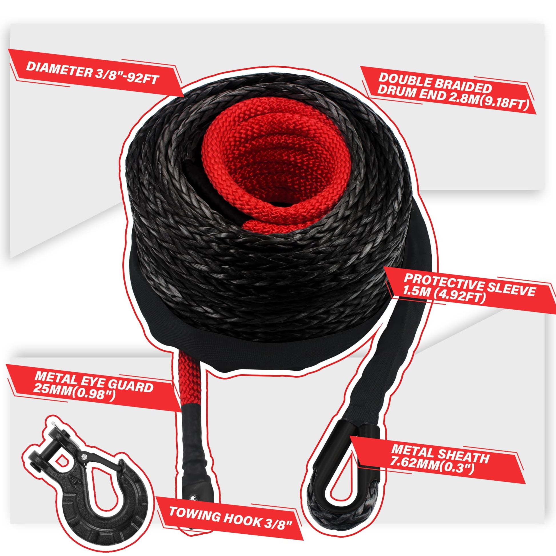 TYT Synthetic Winch Rope Kit - 3/8" x 92' with 27000 lbs Strength, Protective Sleeve, Heavy Duty Hook and Safety Pull Strap for Off-Road 4x4 Vehicles (Black) - TYT4WD