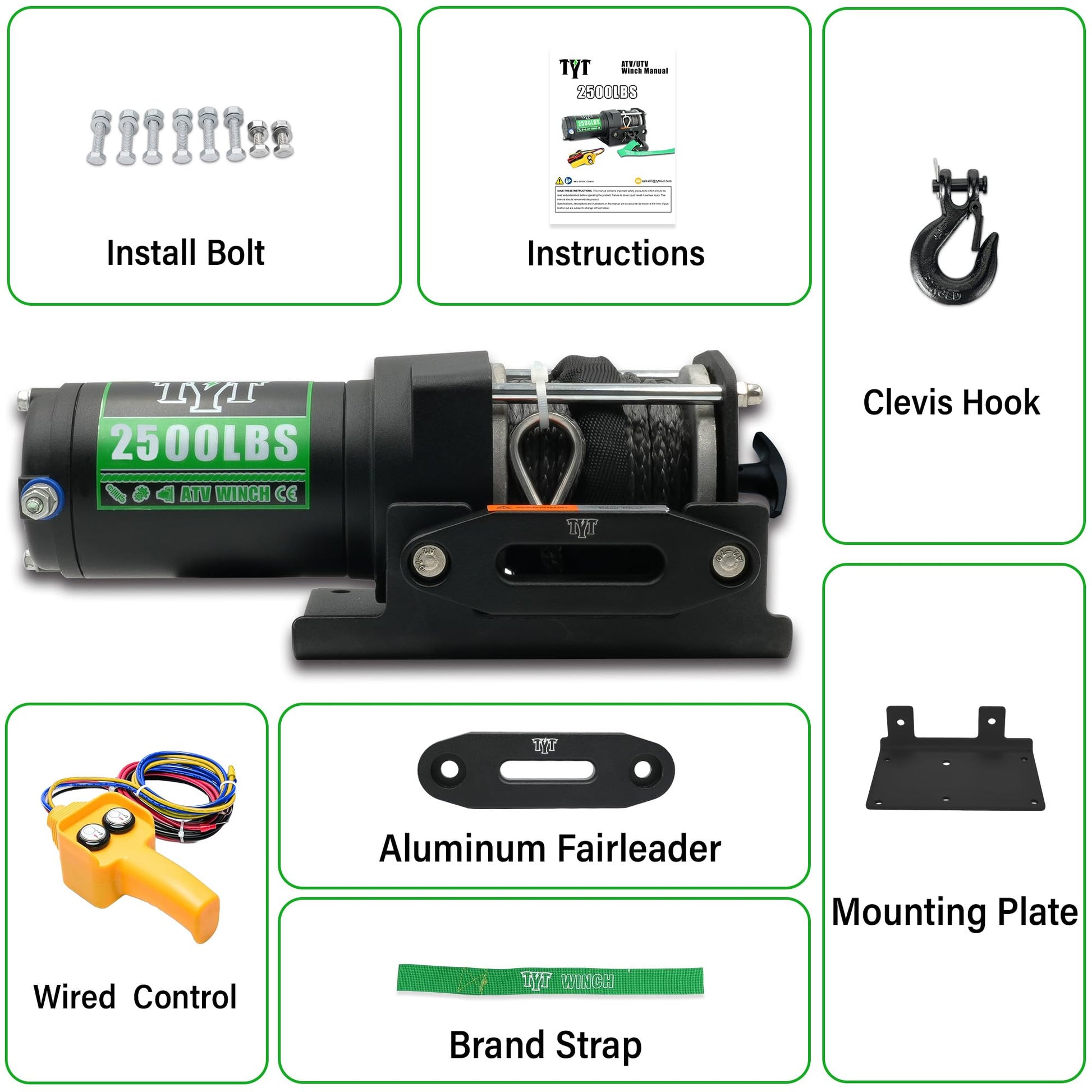 TYT 2500 lb ATV Winch with 1/5" x 32FT Synthetic Rope,12V DC Electric Winch with Wired Remote Control - TYT4WD
