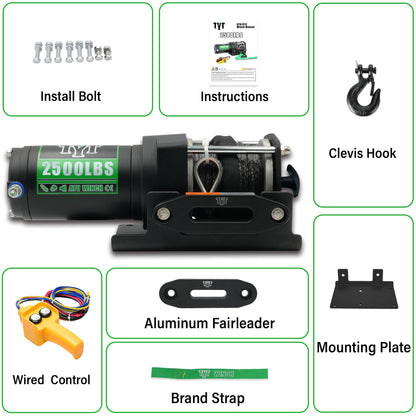 TYT 2500 lb ATV Winch with 1/5" x 32FT Synthetic Rope,12V DC Electric Winch with Wired Remote Control - TYT4WD