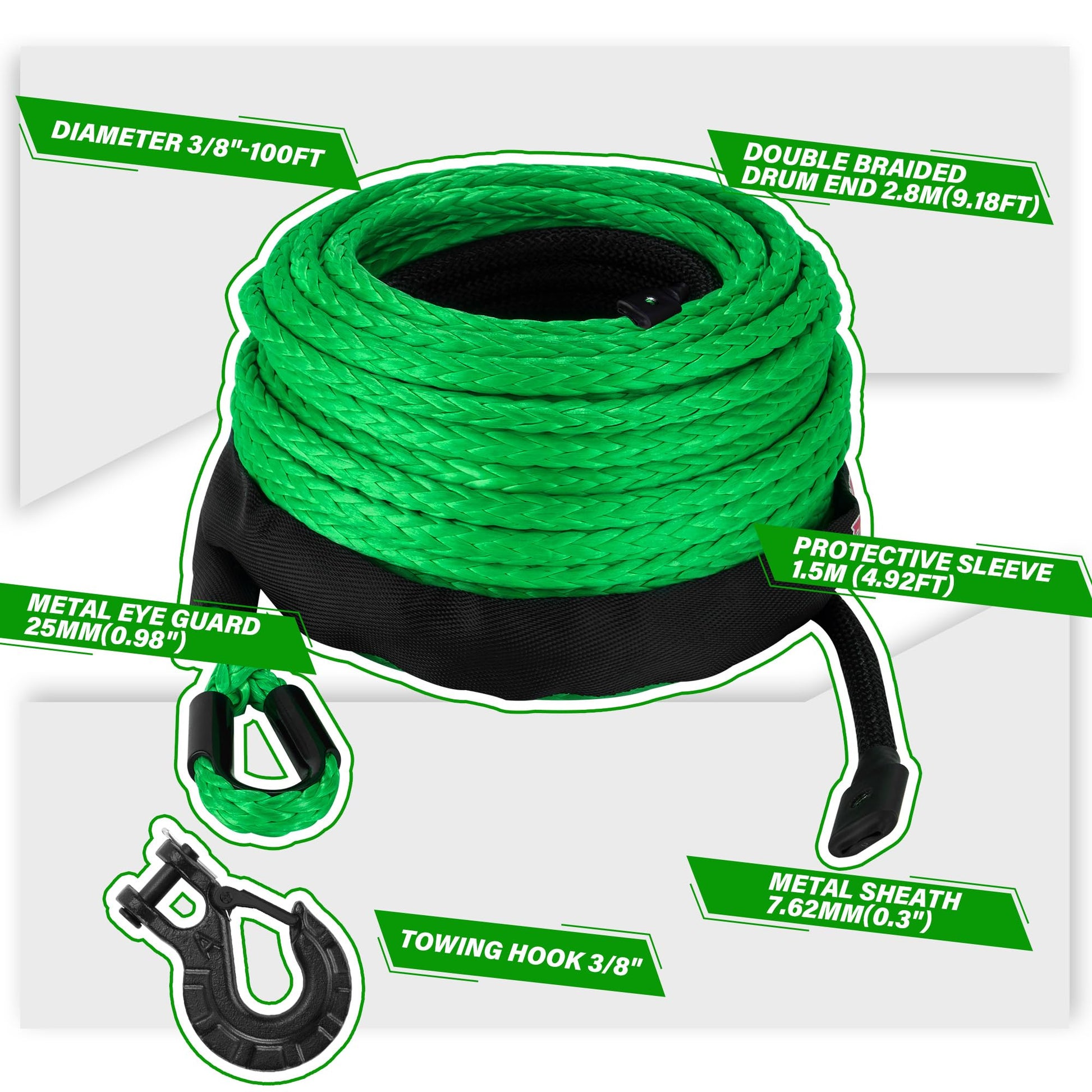 TYT Synthetic Winch Rope 3/8" X 92' with Hook, 27000LBS Synthentic Winch Cable Kit with Protective Sleeve for 4WD Off Road Vehicle Truck SUV Jeep (Green) - TYT4WD