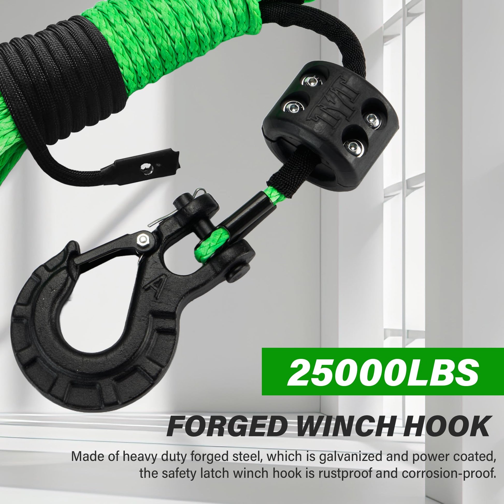 TYT Off-Road Winch Rope Kit - 3/16''x50', 8500 Lbs Green Synthetic Cable with Protective Sheath, Heavy-Duty Hook, Safety Pull Strap & Rubber Stopper Ideal for 4WD ATV UTV Vehicles, (JPS31650G) - TYT4WD