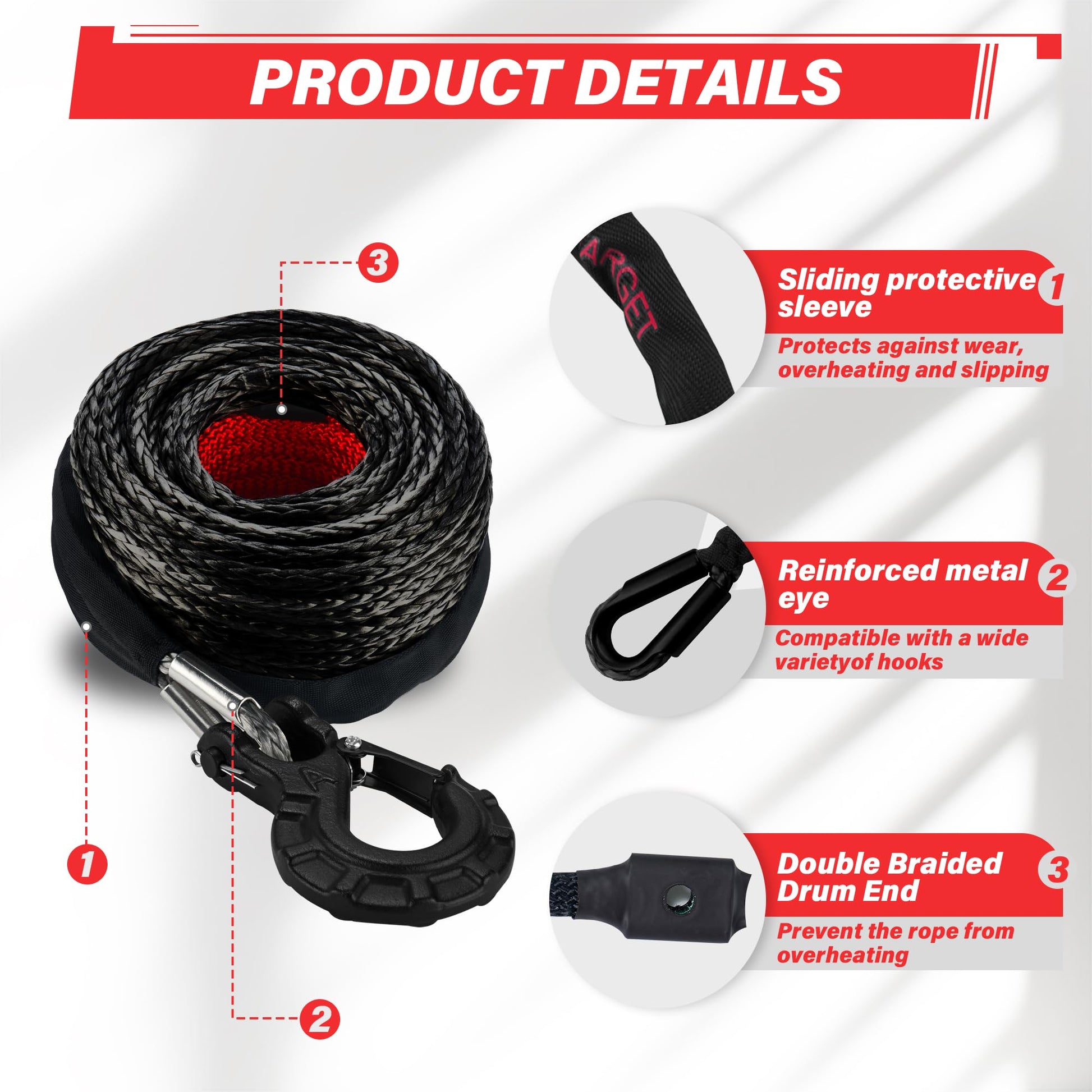 TYT Synthetic Winch Rope Kit - 3/8" x 92' with 27000 lbs Strength, Protective Sleeve, Heavy Duty Hook and Safety Pull Strap for Off-Road 4x4 Vehicles (Black) - TYT4WD