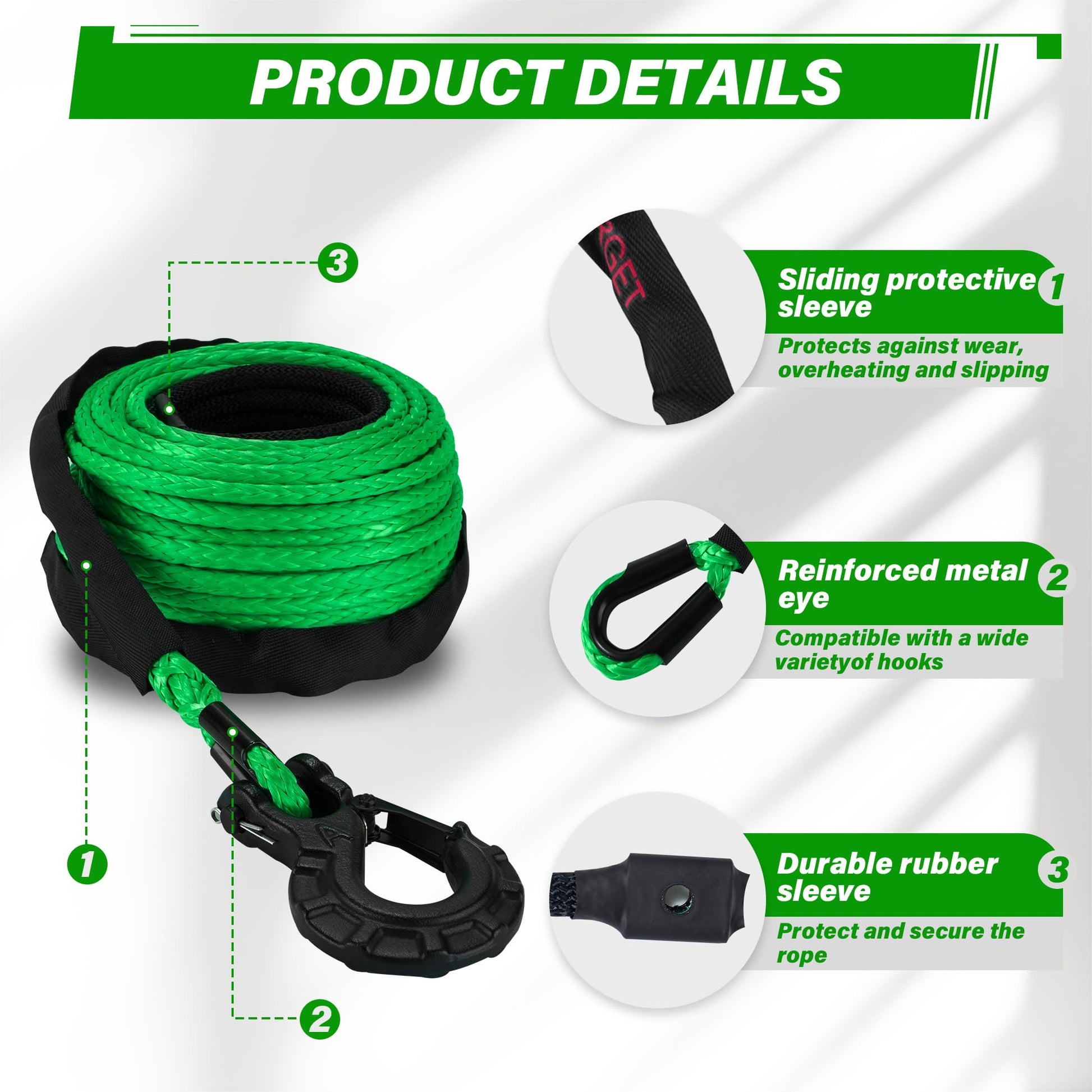 TYT Synthetic Winch Rope 3/8" X 92' with Hook, 27000LBS Synthentic Winch Cable Kit with Protective Sleeve for 4WD Off Road Vehicle Truck SUV Jeep (Green) - TYT4WD