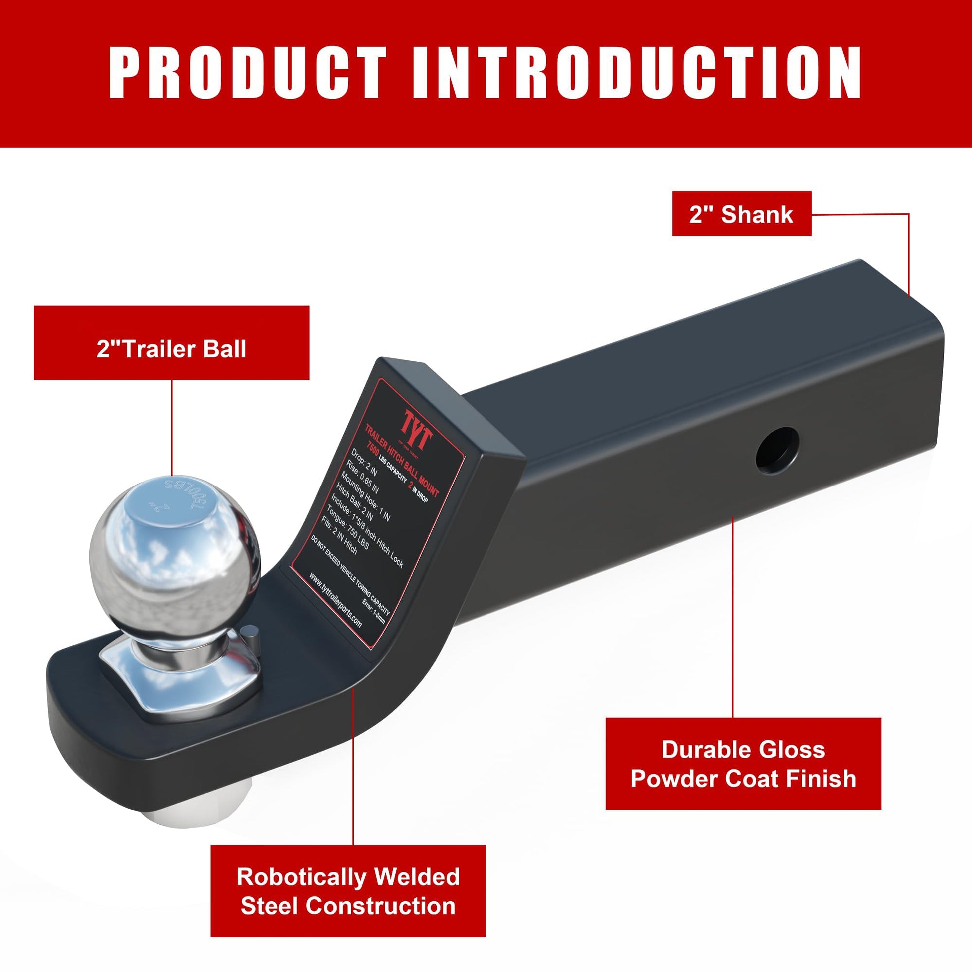 TYT Trailer Hitch Mount with 2" Ball,6000 lbs,2" Drop,Free Advanced Hitch Lock, Forged Solid Steel Towing,Fits 2" Receiver, 2" Chrome Ball Head - TYT4WD