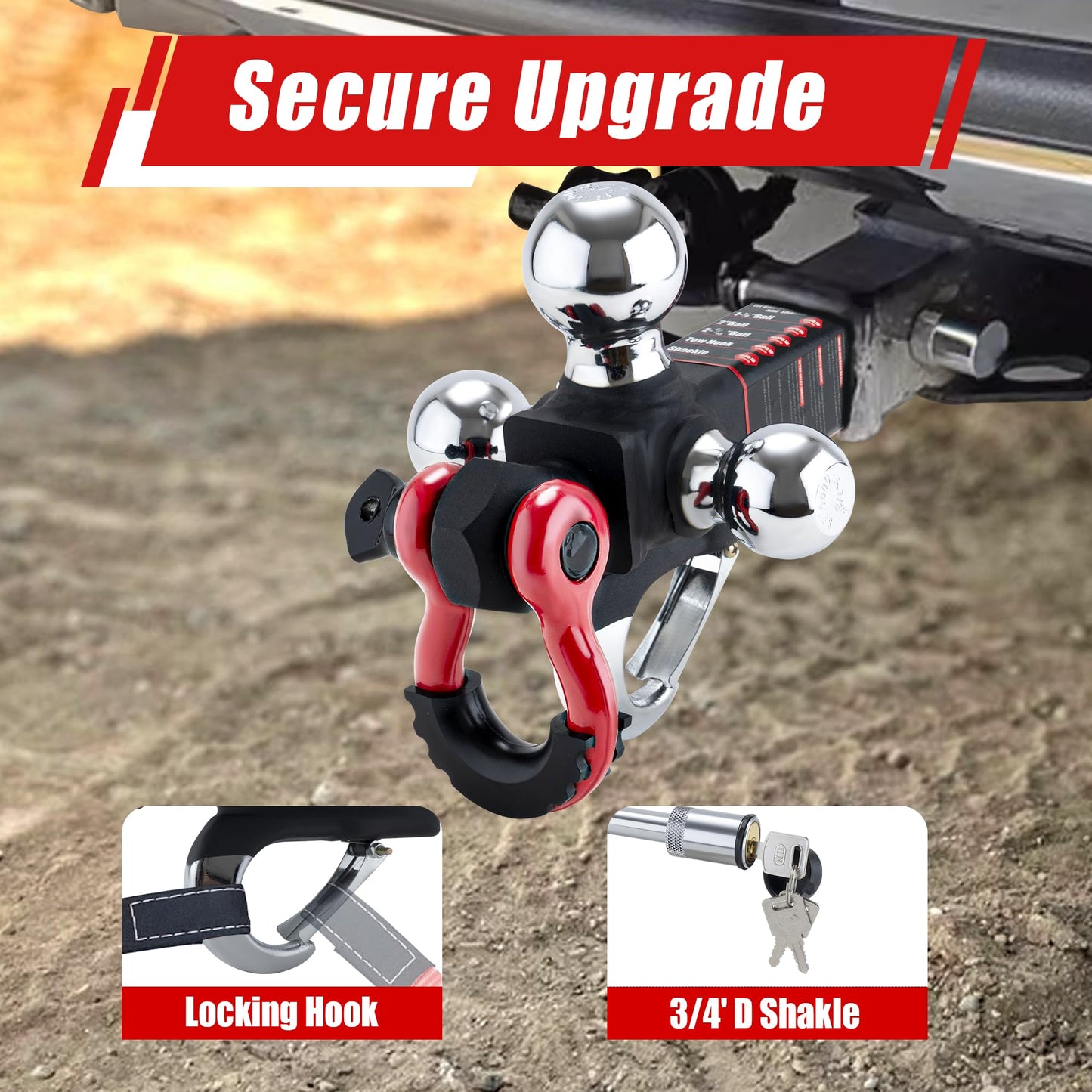TYT Tri Ball Hitch Trailer Mount with Locks,Tow Hook & Clevis Shackle, Fits 2 inch Hitch Receiver with 2-5/16",2",1-7/8" Hitch Ball, Black - TYT4WD