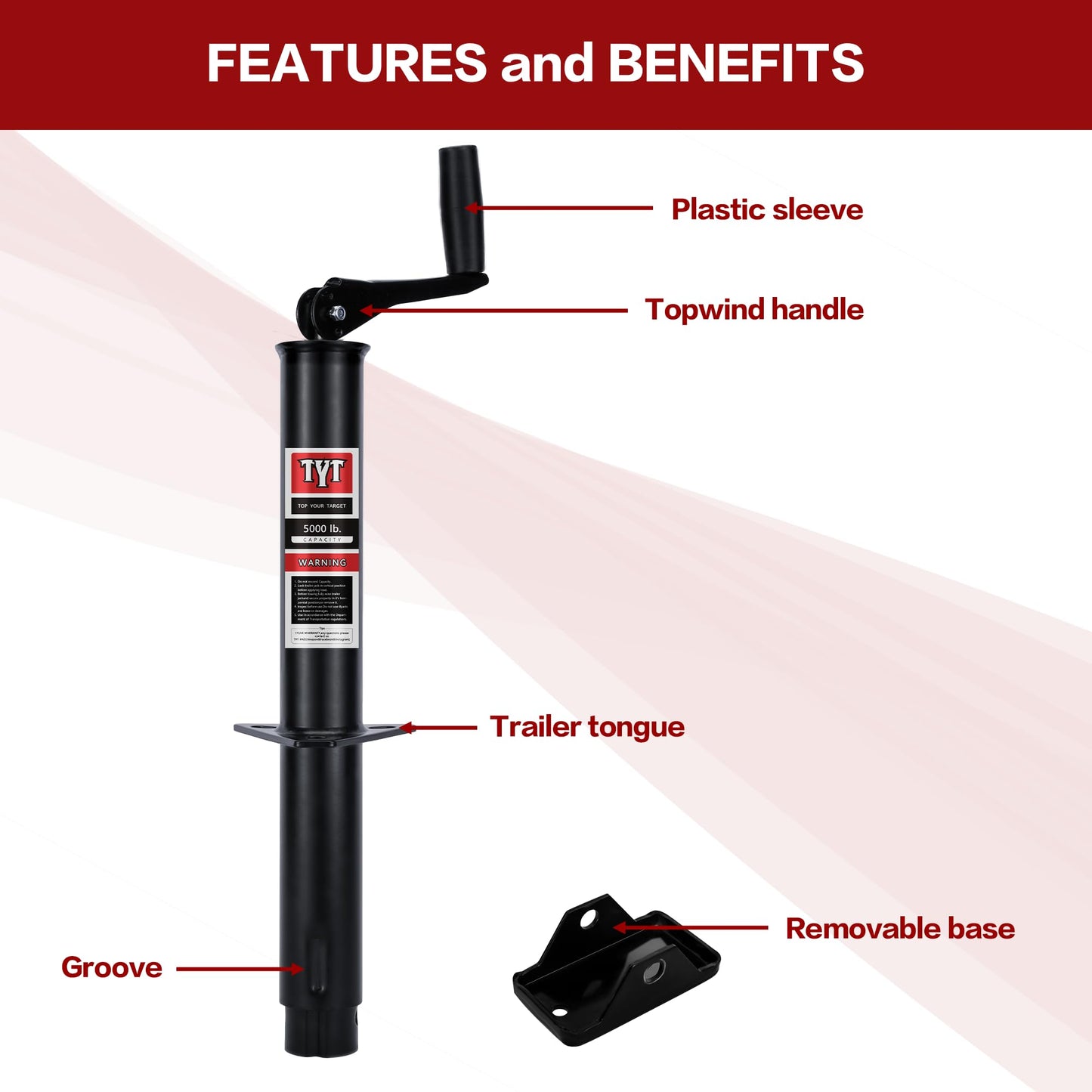 TYT Heavy Duty 5000lbs A-Frame Trailer Jack with 15" Top-Wind Vertical Travel, Black Sandblast Coating, and Foot Plate for RVs, Boat, Utility, and Camping Trailers - TYT4WD
