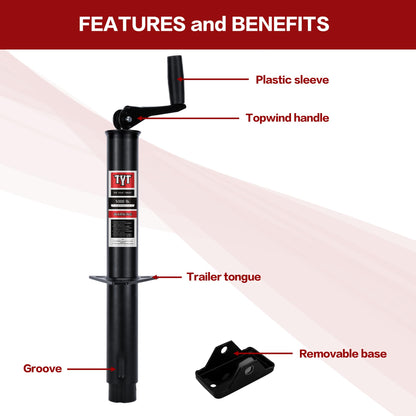 TYT Heavy Duty 5000lbs A-Frame Trailer Jack with 15" Top-Wind Vertical Travel, Black Sandblast Coating, and Foot Plate for RVs, Boat, Utility, and Camping Trailers - TYT4WD